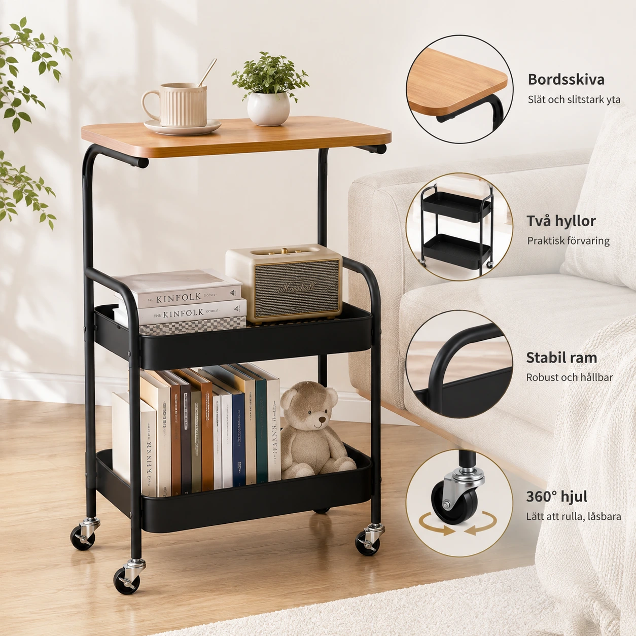 Rullvagn med sidobord och hjul för hem och kontor