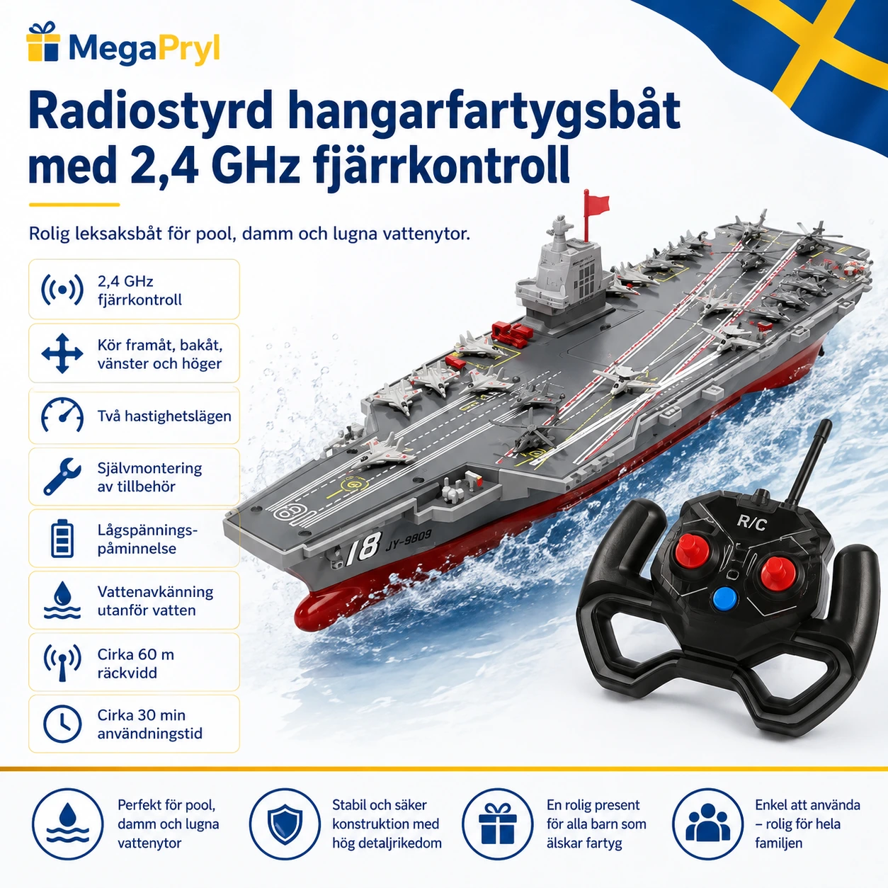 Radiostyrd hangarfartygsbåt med 2,4 GHz fjärrkontroll