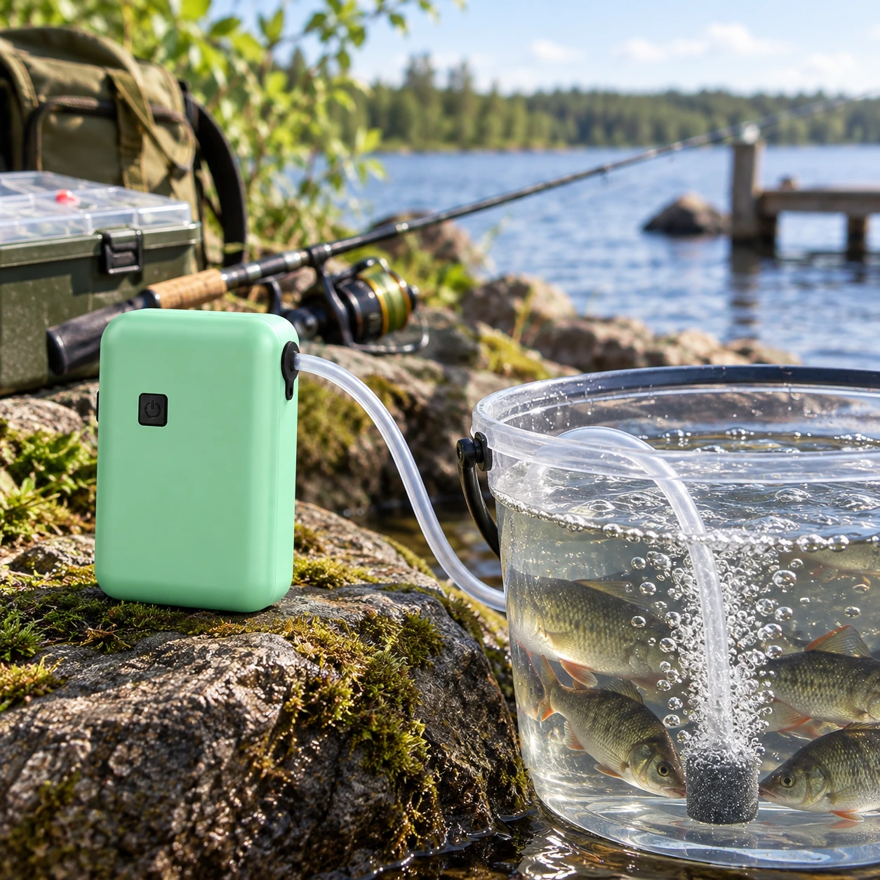 Ladattava hapetin kalaämpäriin ja säiliöön