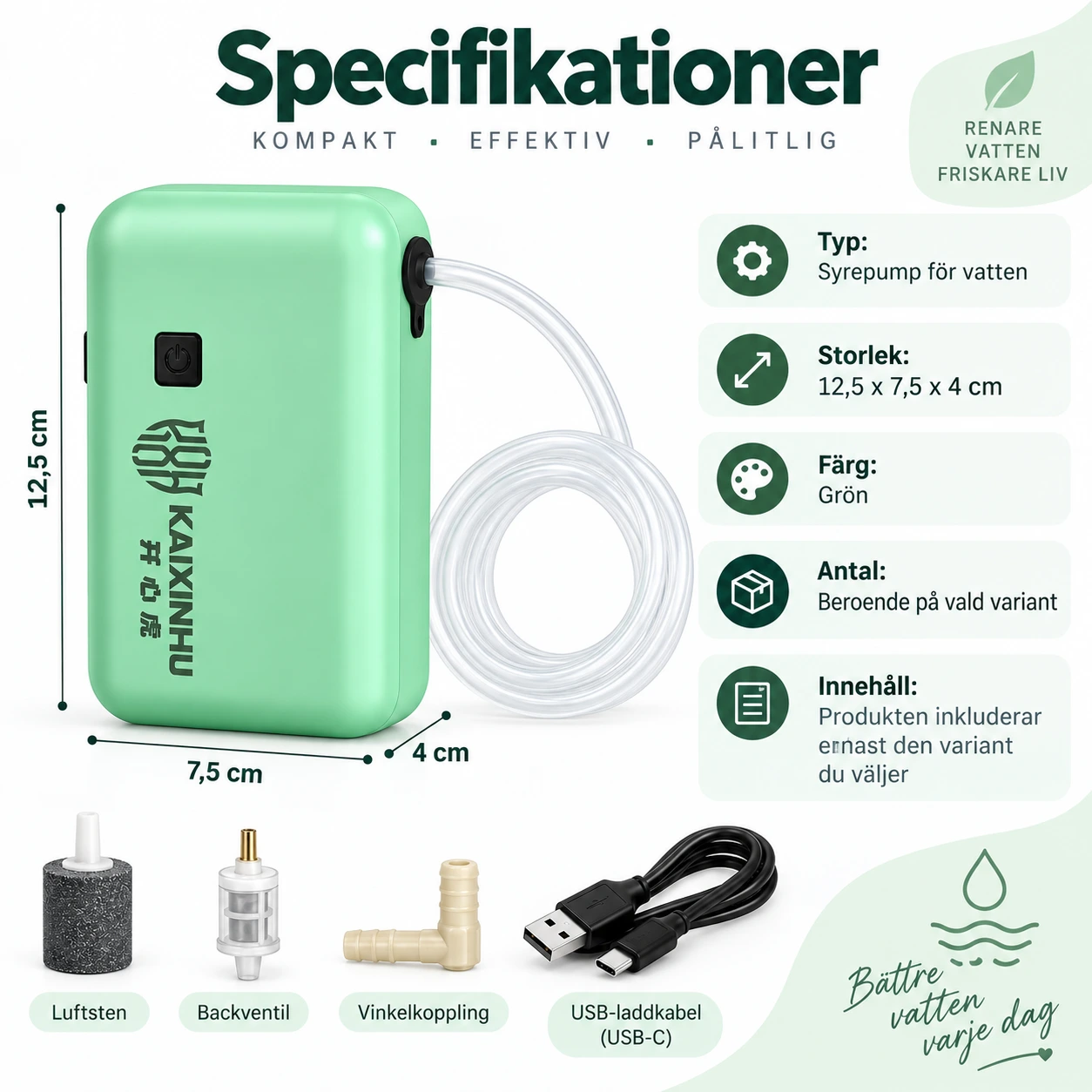 Syrepump för fiskhink och tank, uppladdningsbar