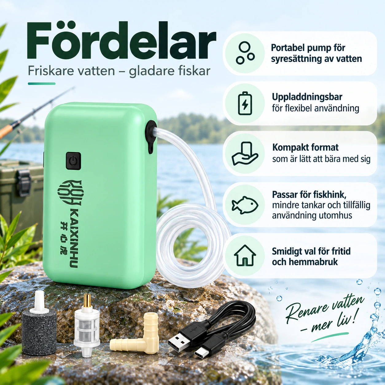 Syrepump för fiskhink och tank, uppladdningsbar