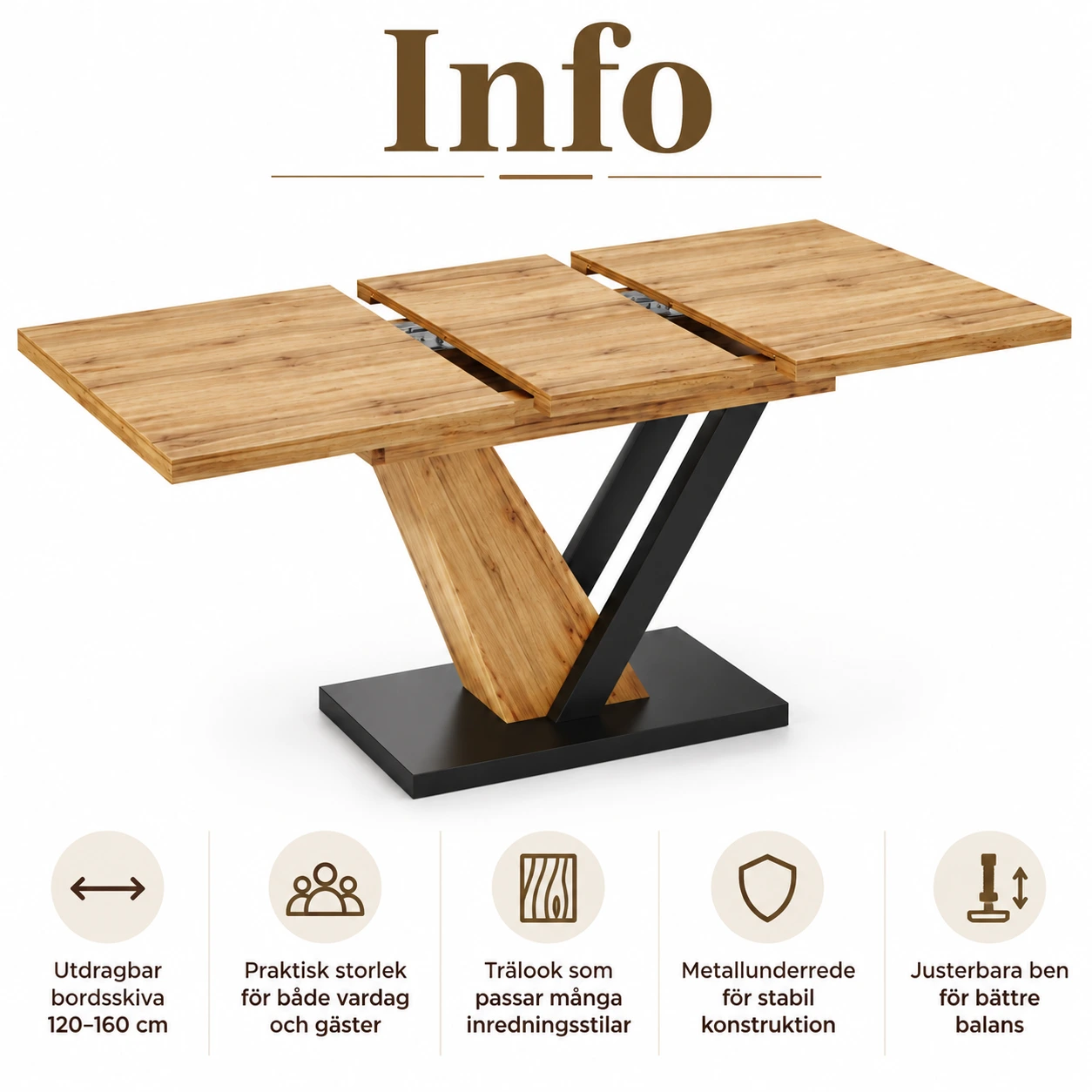 Utdragbart matbord för kök och matsal, 120–160 cm