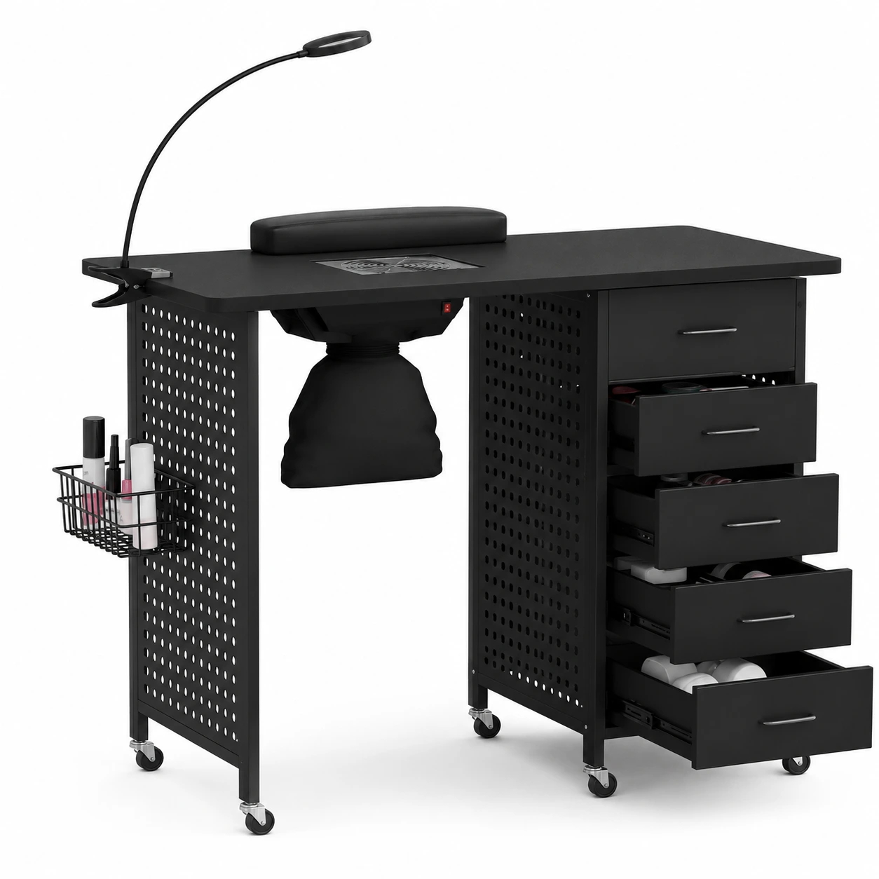 Manikyrbord med Utsug, LED-Lampa och 4 Lådor – Svart