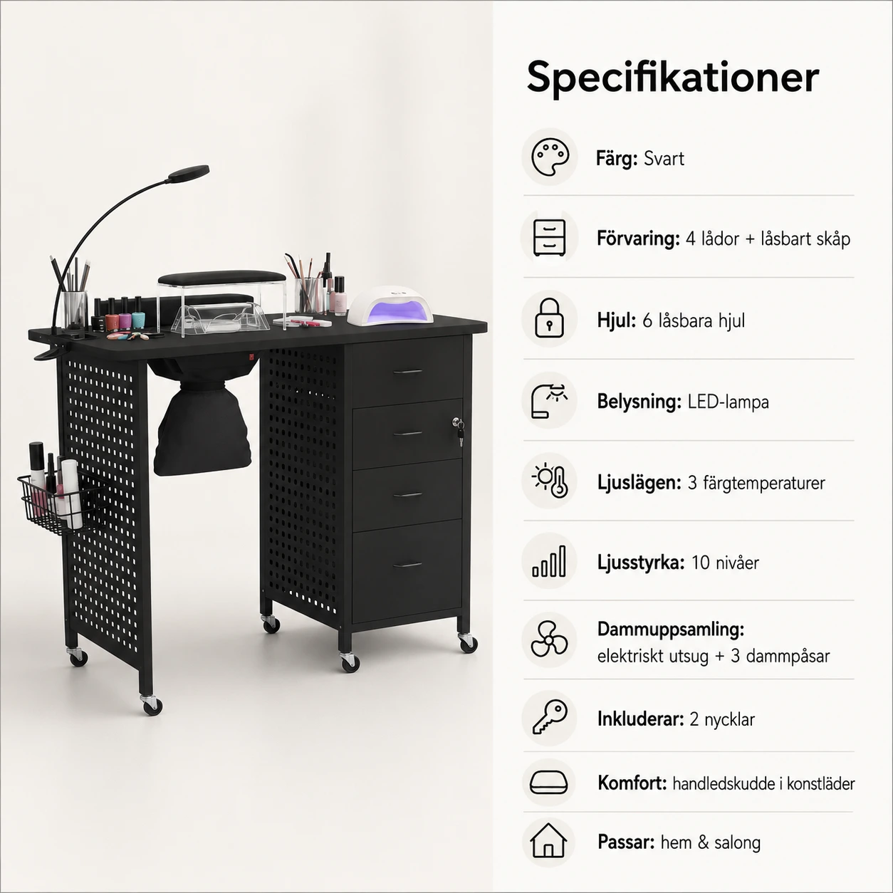 Manikyrbord med Utsug, LED-Lampa och 4 Lådor – Svart