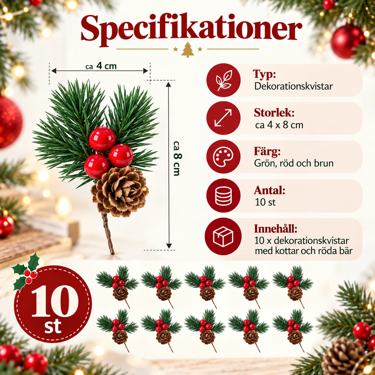Dekorationskvistar med kottar och röda bär, 10-pack