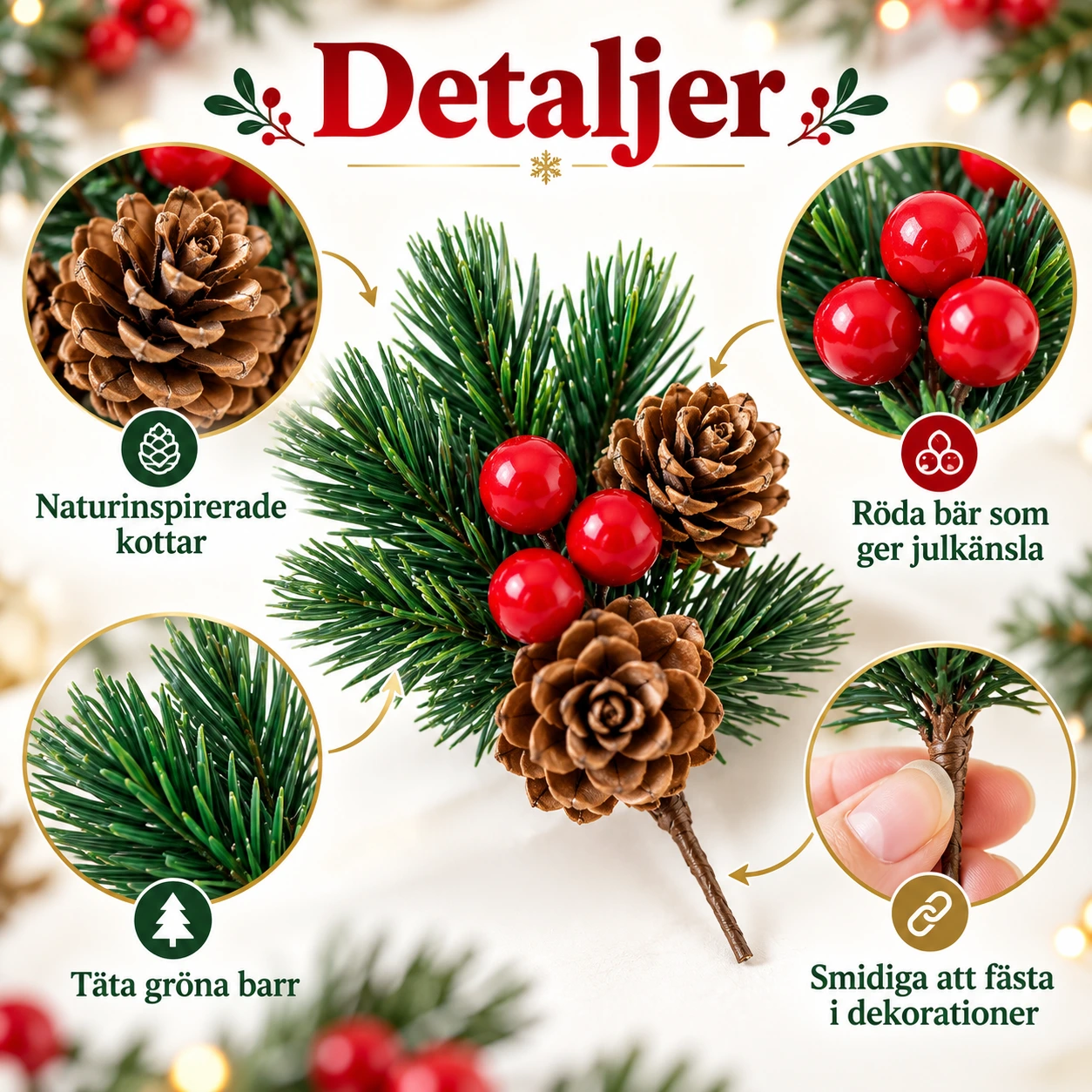 Dekorationskvistar med kottar och röda bär, 10-pack
