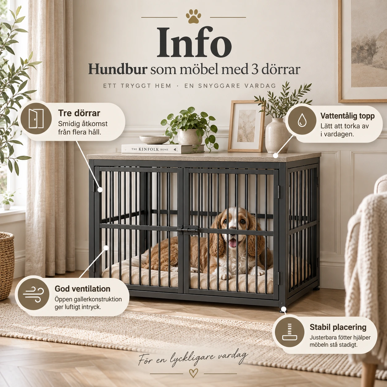 Hundbur som möbel med 3 dörrar och vattentålig topp