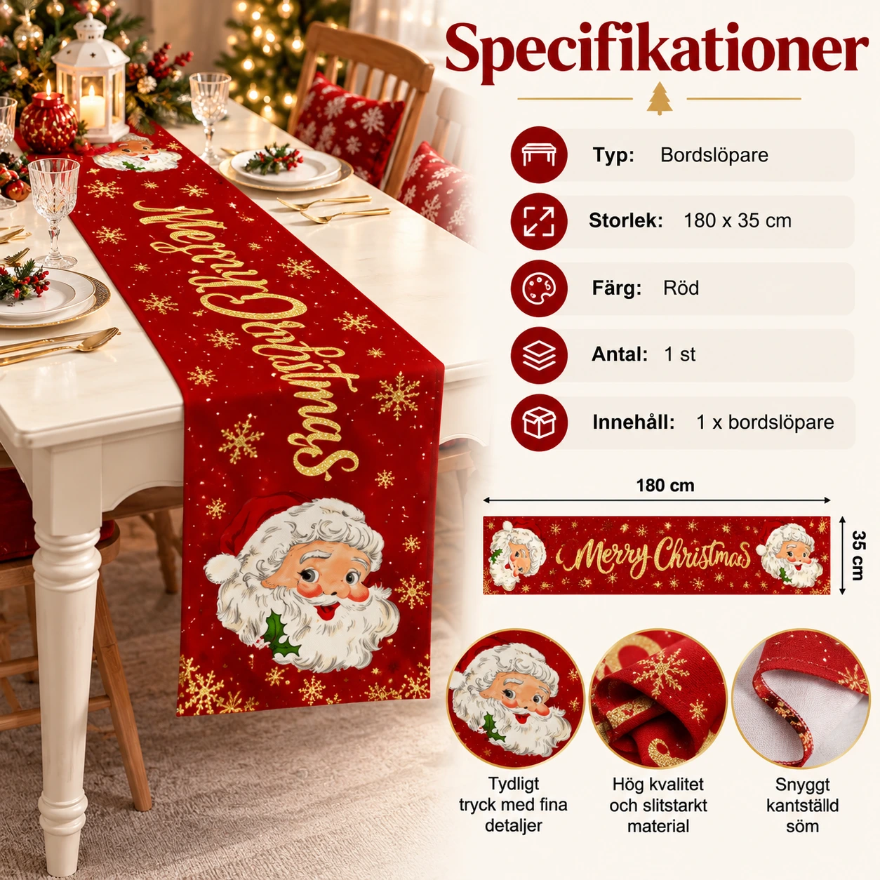 Bordslöpare till jul med tomtemotiv, 180 x 35 cm