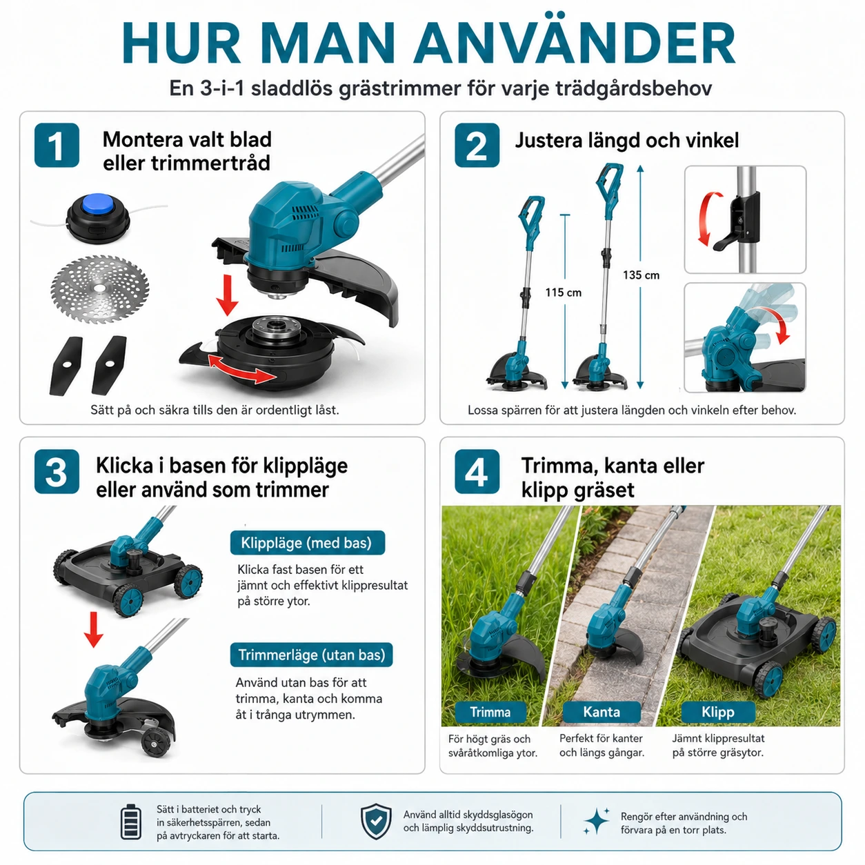 Grästrimmer 3-i-1 Batteridriven med Klippbas
