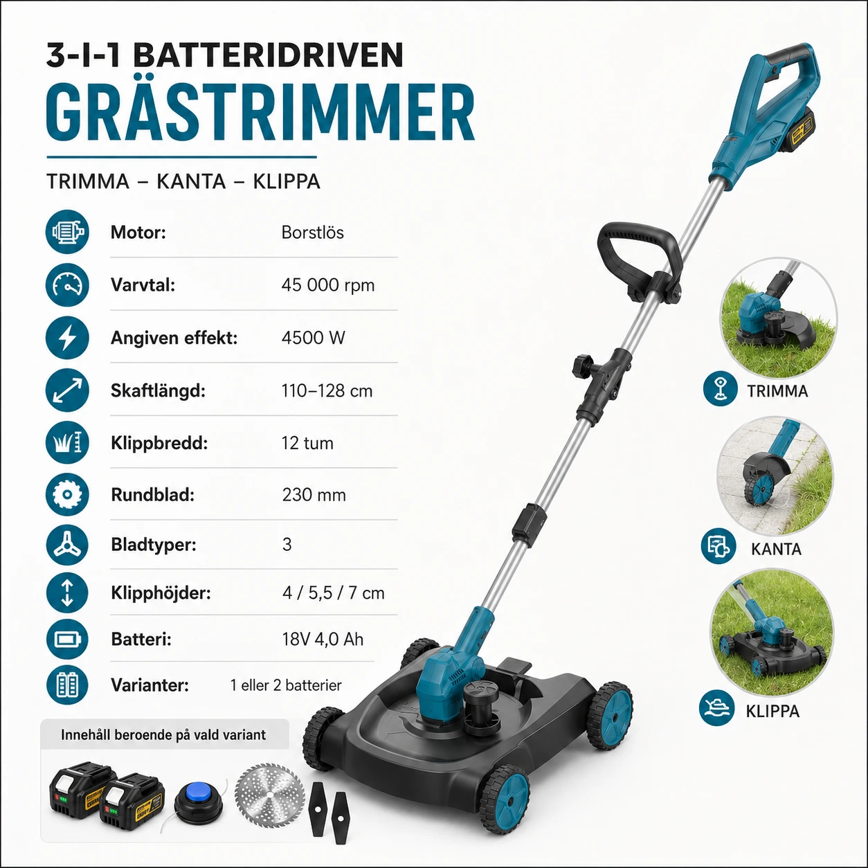 Grästrimmer 3-i-1 Batteridriven med Klippbas