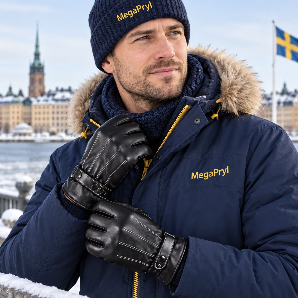 Miesten PU-talvikäsineet napilla, mustat