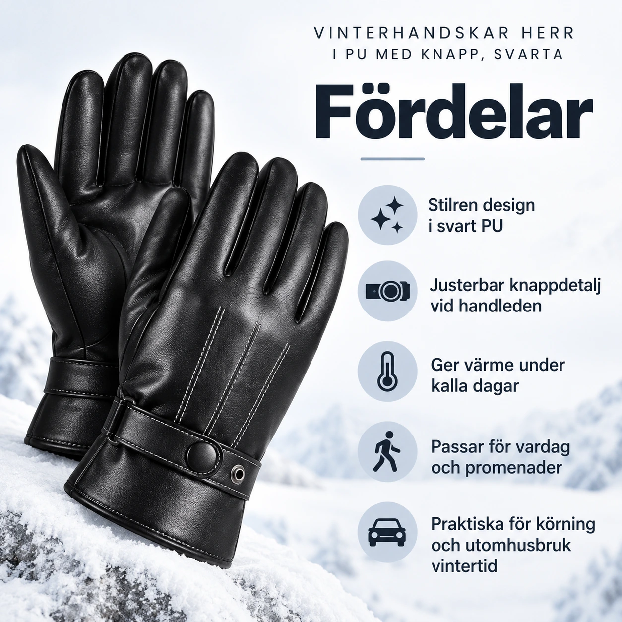 Vinterhandskar herr i PU med knapp, svarta