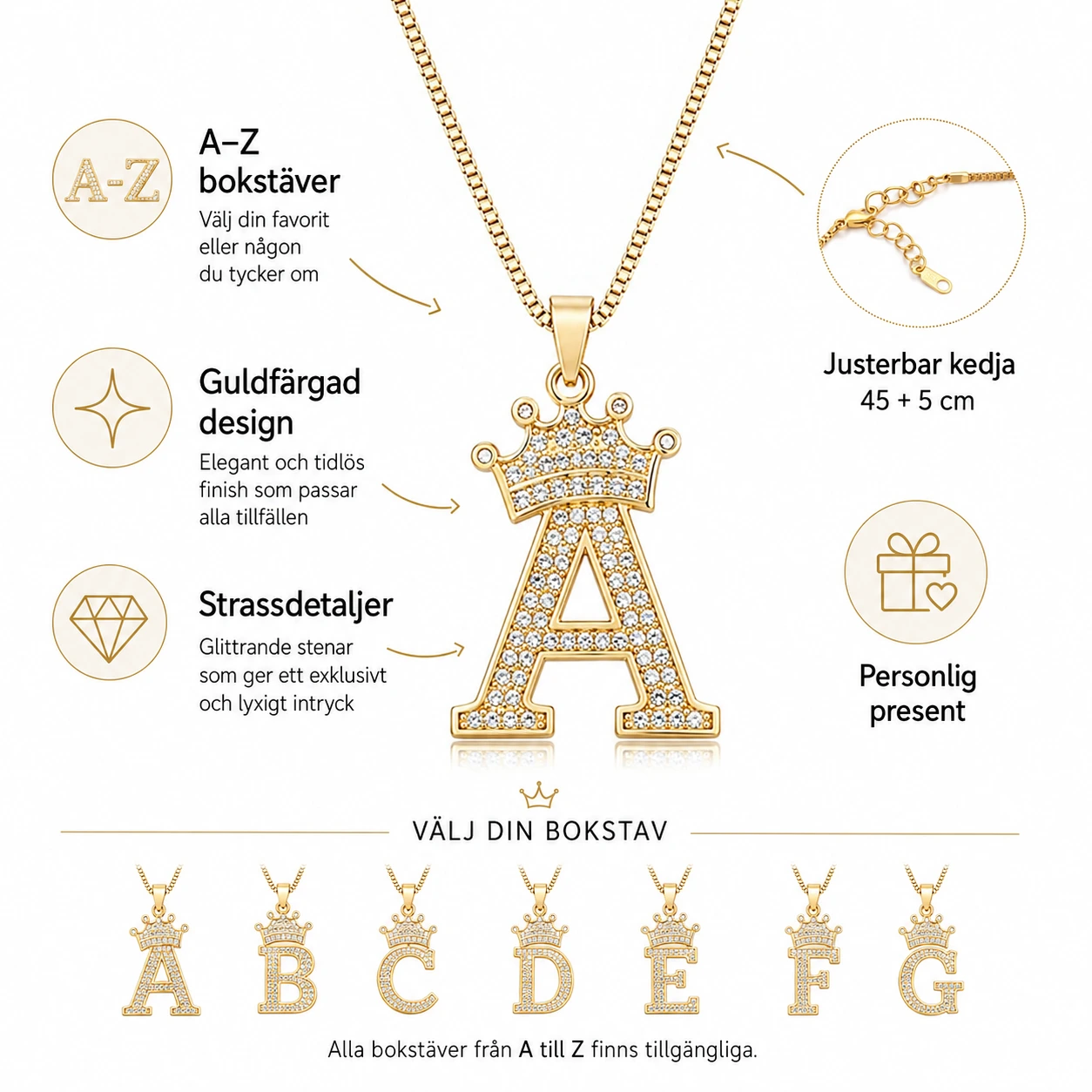 Bokstavshalsband Krona – Guld med Strass