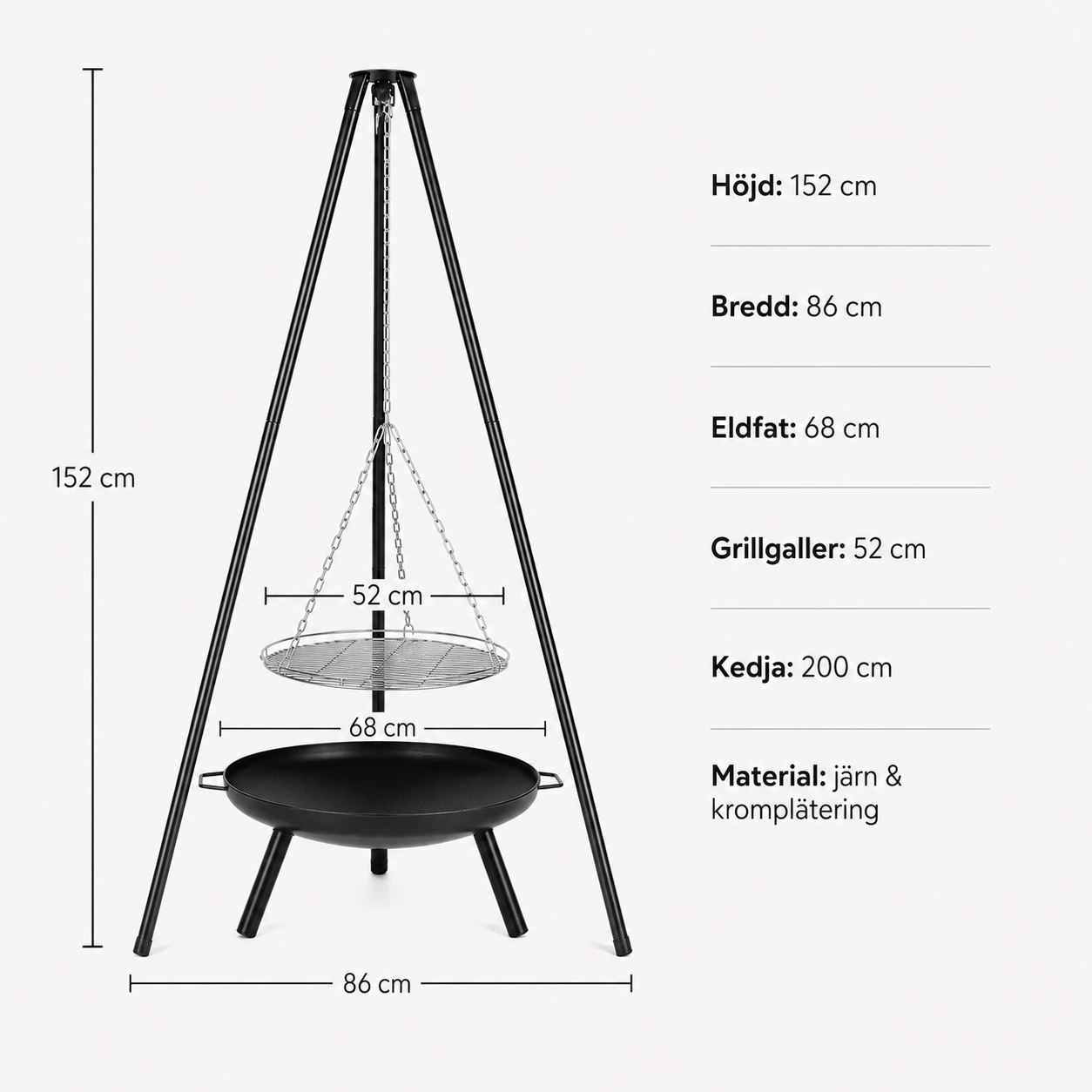 Eldstad med Grillgaller på Stativ 68 cm Höjdjusterbar