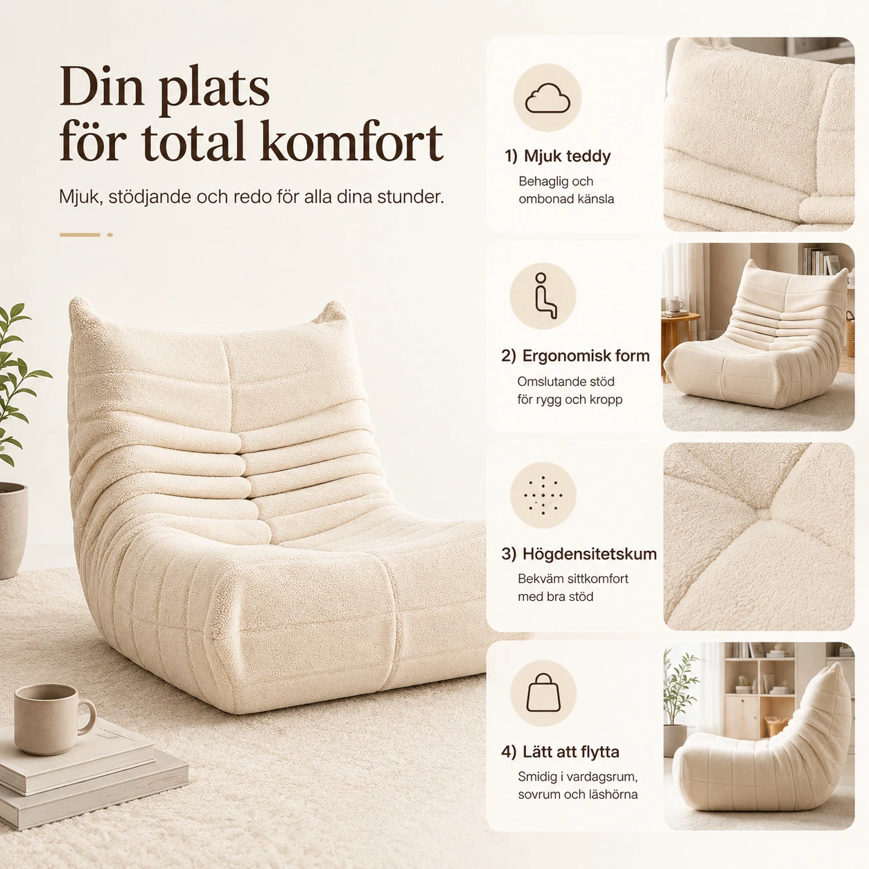 Golvfåtölj i Teddy Beige med Hög Rygg