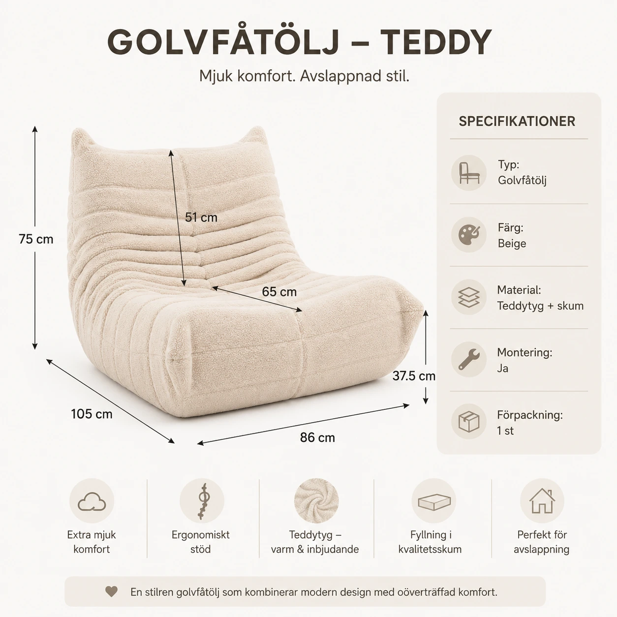 Golvfåtölj i Teddy Beige med Hög Rygg