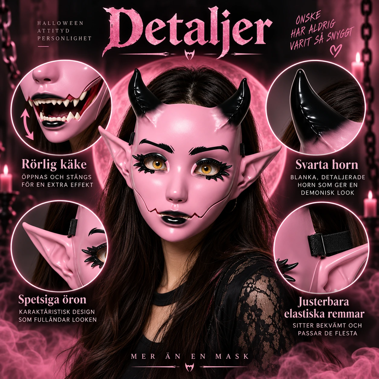 Mask djävul i plast med rörlig käke - rosa