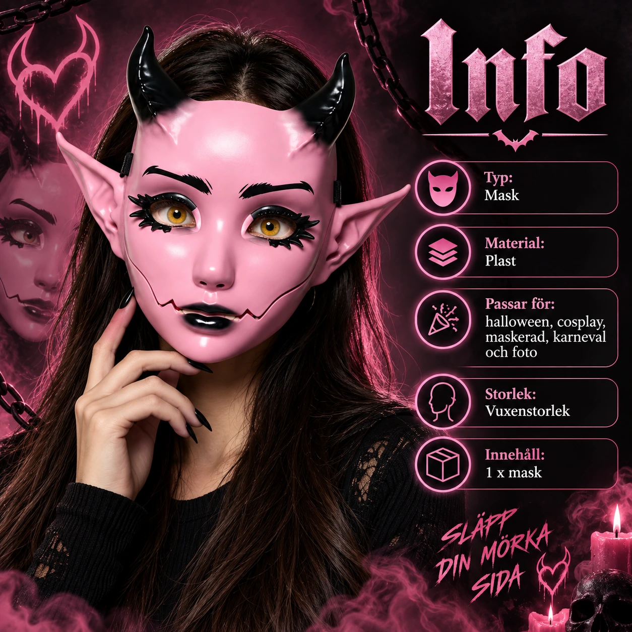 Mask djävul i plast med rörlig käke - rosa