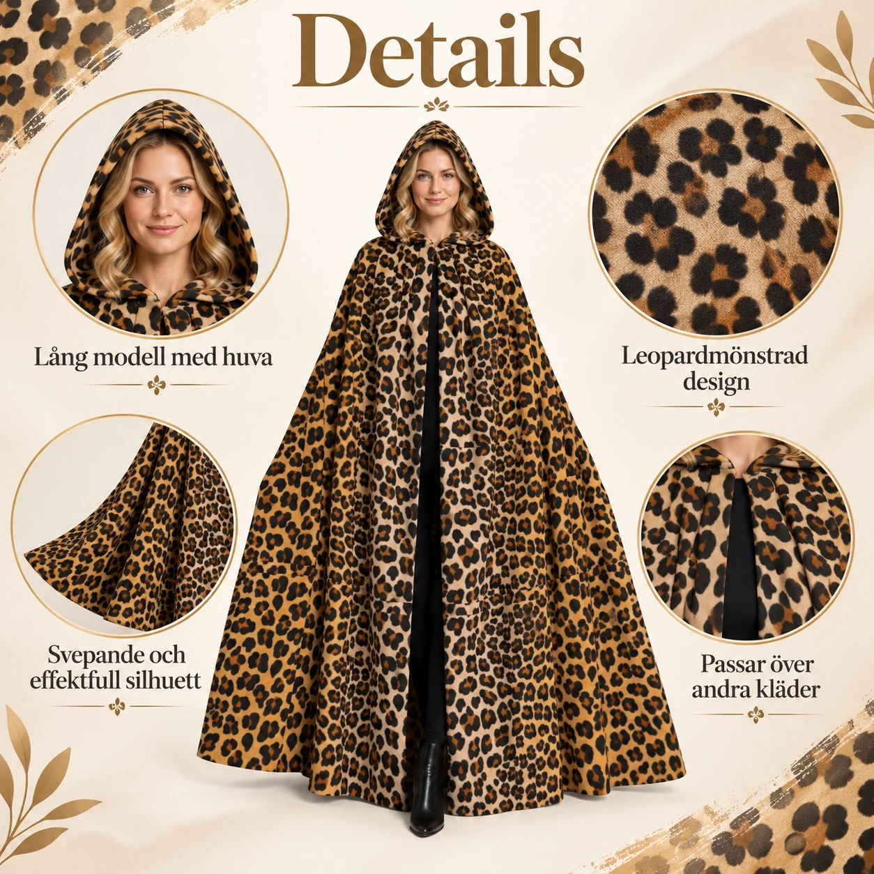 Brun Leopardmönstrad Mantel med Luva
