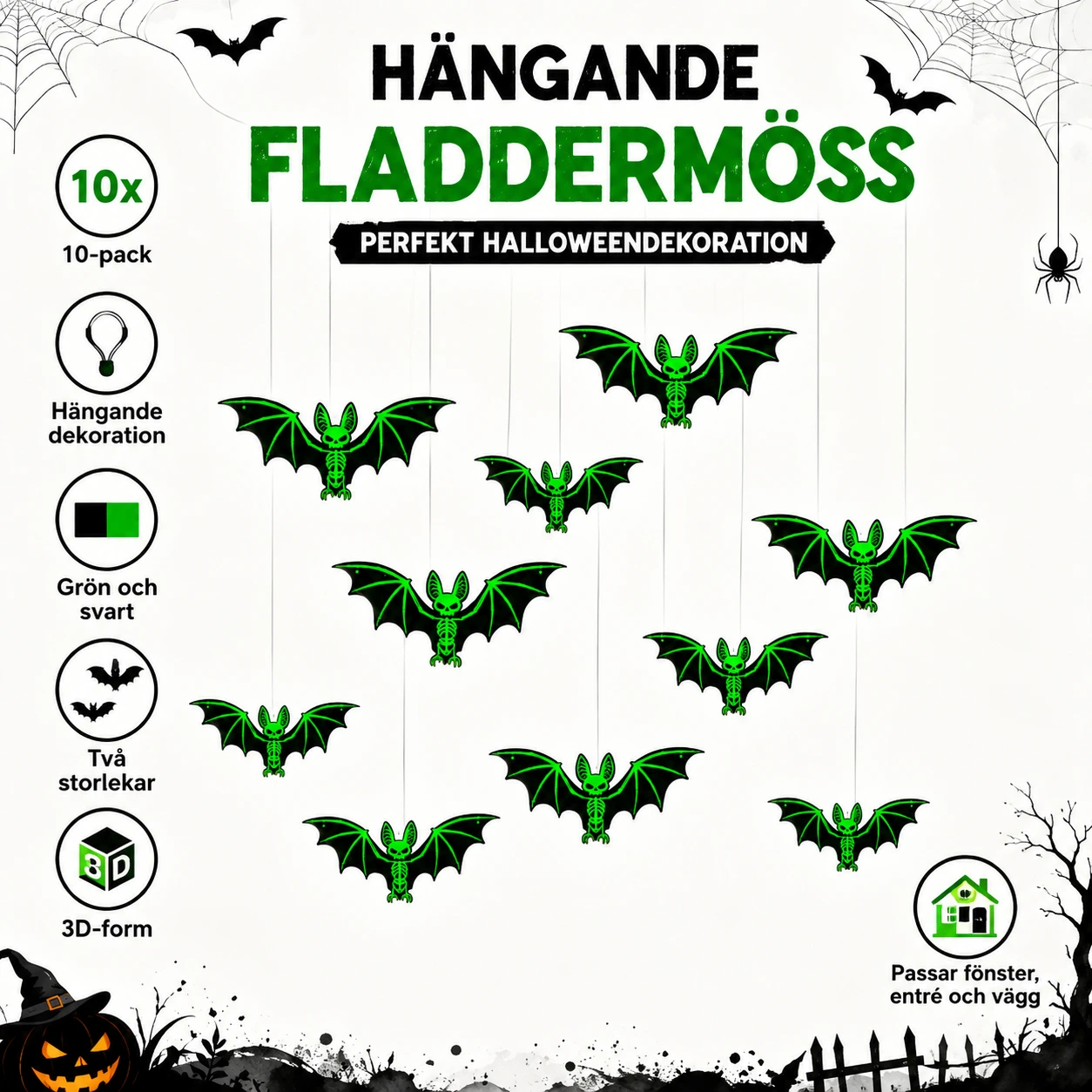 Hängande halloweenfladdermöss för dekoration, 10-pack