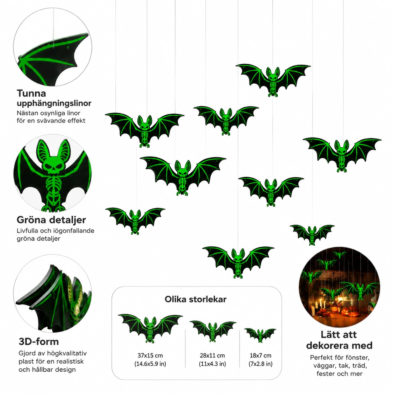 Hängande halloweenfladdermöss för dekoration, 10-pack