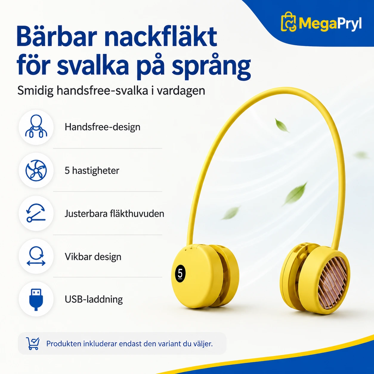 Bärbar nackfläkt med 5 hastigheter och justerbar design