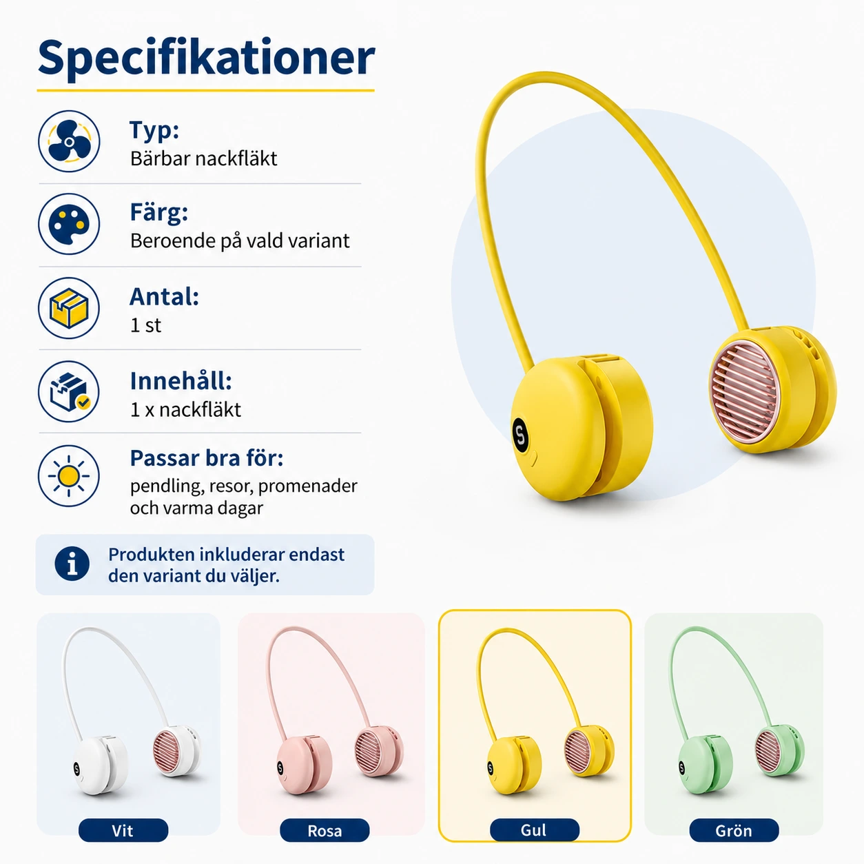 Bärbar nackfläkt med 5 hastigheter och justerbar design