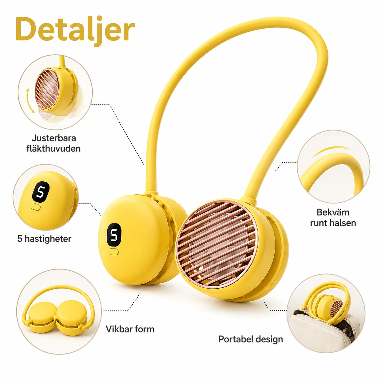 Bärbar nackfläkt med 5 hastigheter och justerbar design