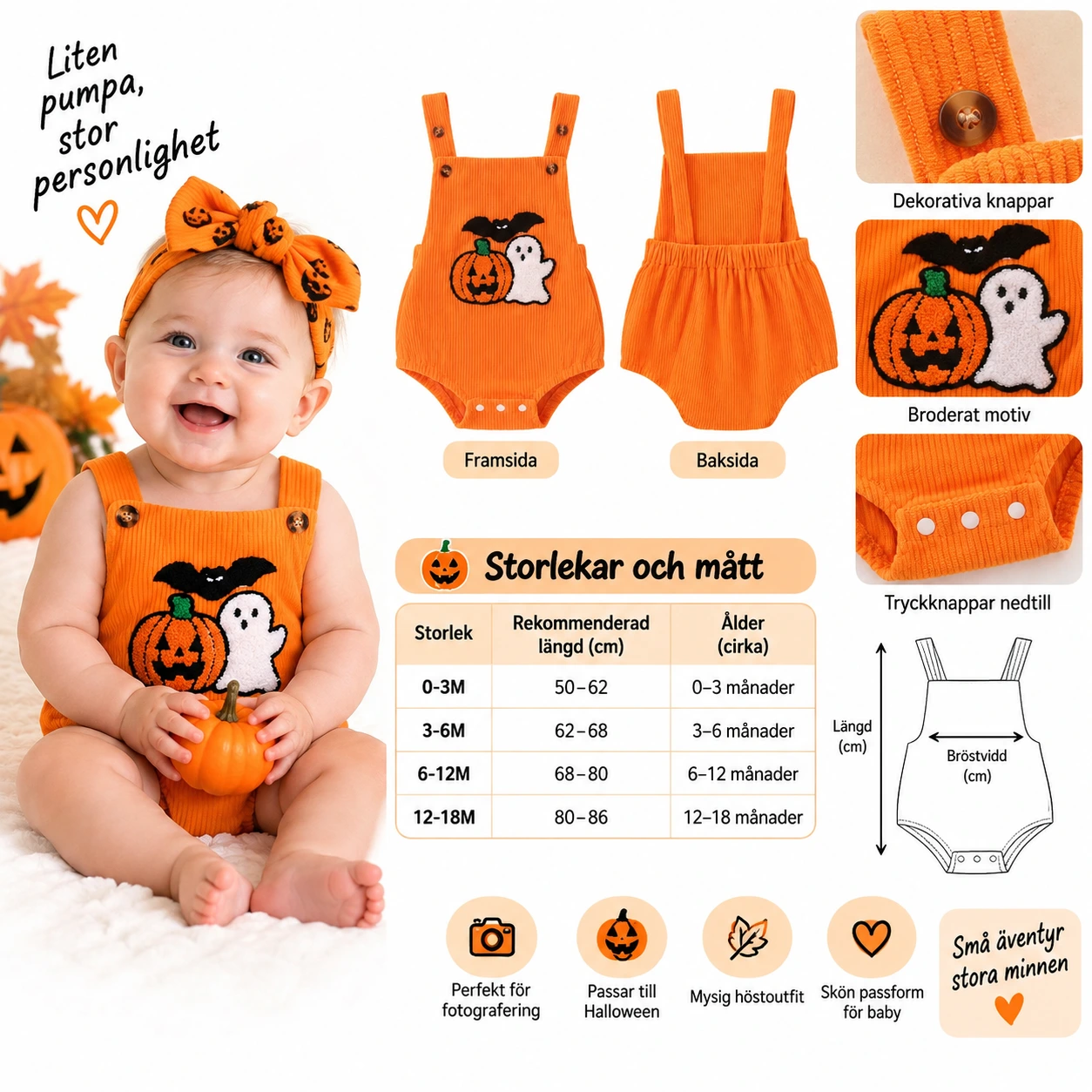 Halloween-body för baby med broderat motiv
