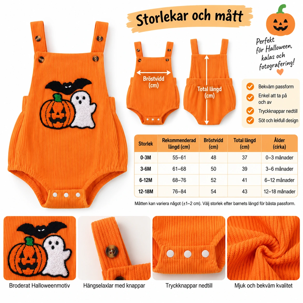 Halloween-body för baby med broderat motiv