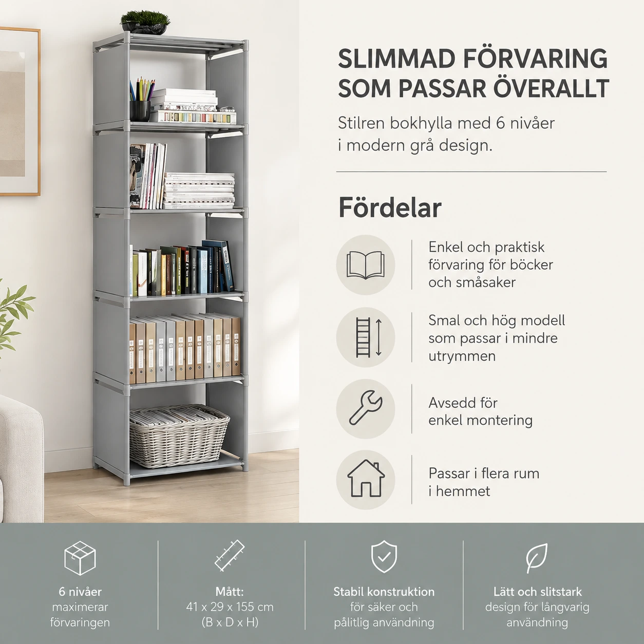 Bokhylla med enkel montering för förvaring