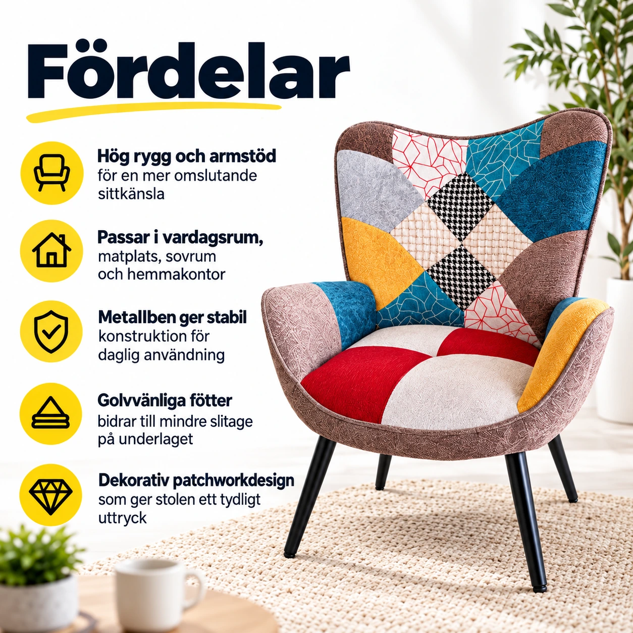 Fåtölj med armstöd för vardagsrum och matplats