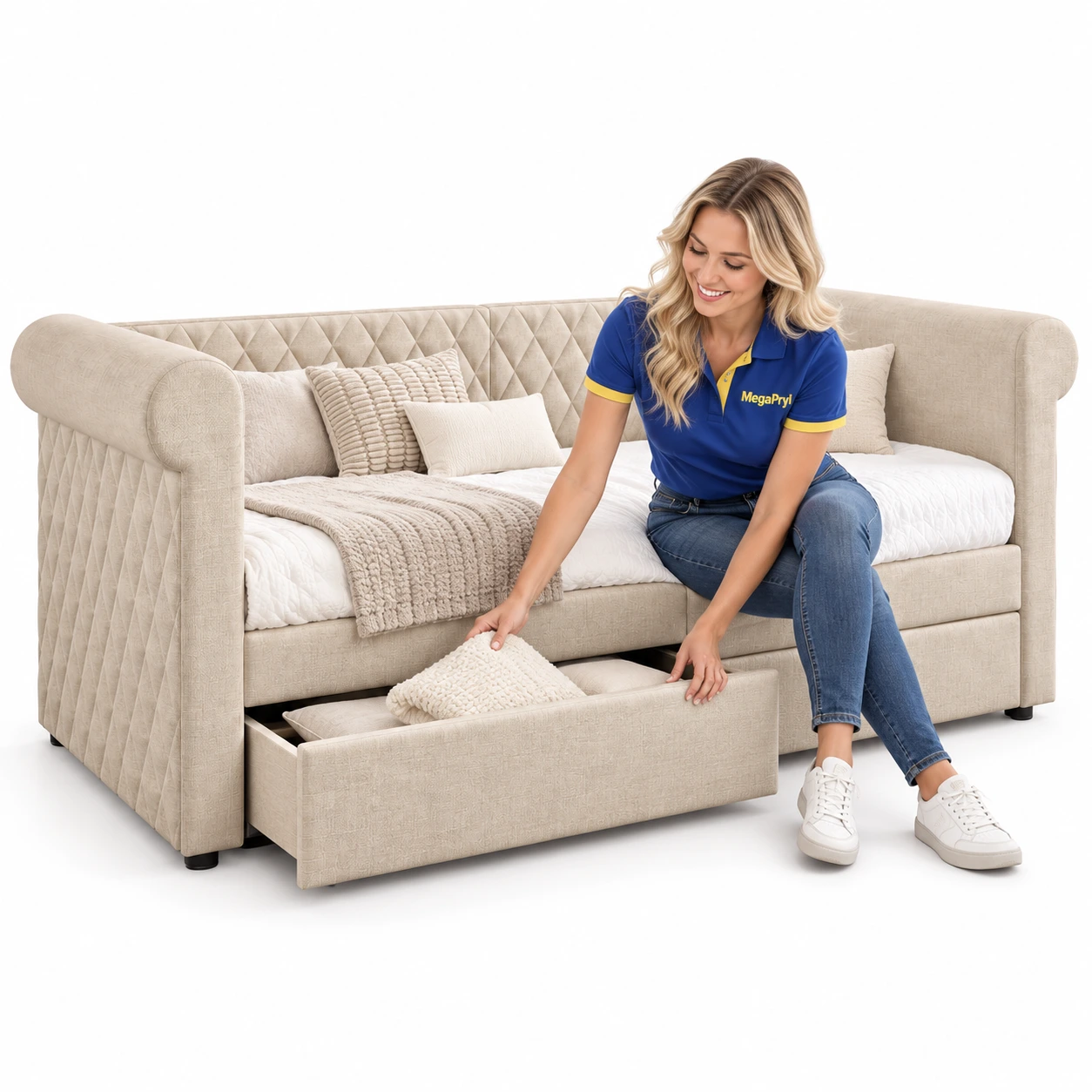 Bäddsoffa Beige 90x200 cm med 2 förvaringslådor 