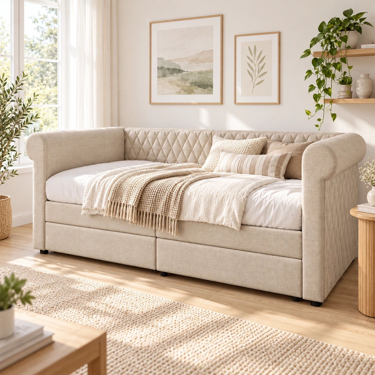 Bäddsoffa Beige 90x200 cm med 2 förvaringslådor