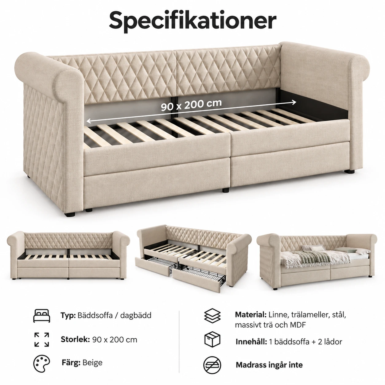 Bäddsoffa Beige 90x200 cm med 2 förvaringslådor