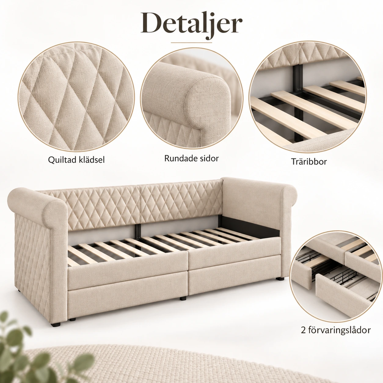 Bäddsoffa Beige 90x200 cm med 2 förvaringslådor
