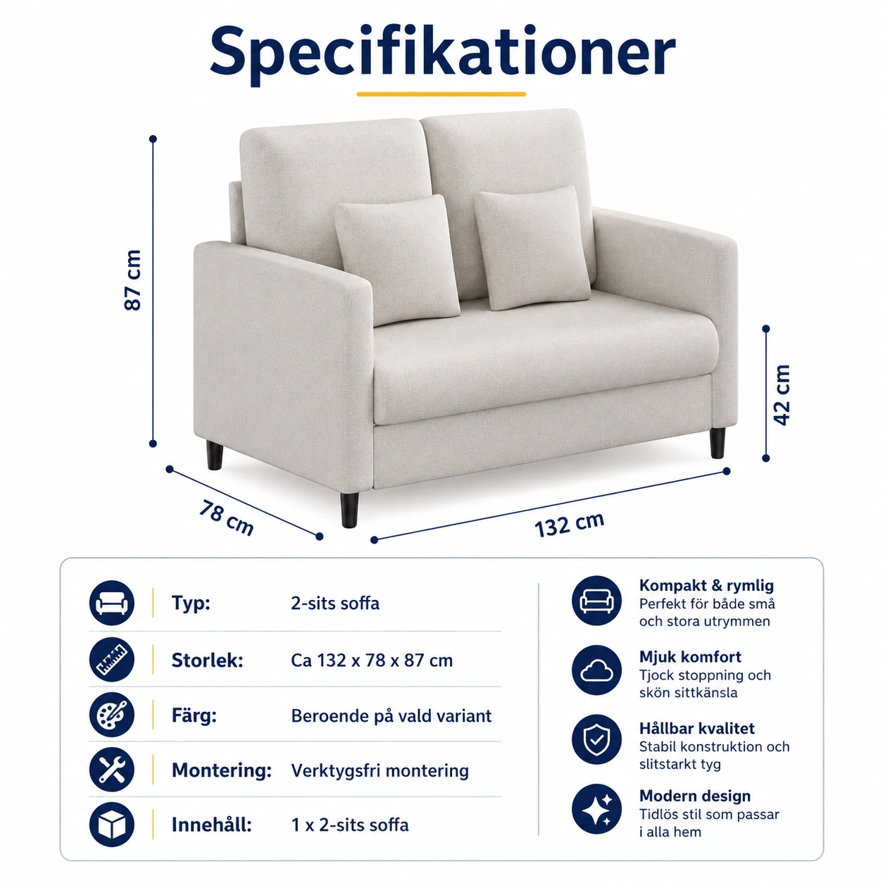 2-sits soffa för vardagsrum och sovrum med enkel montering
