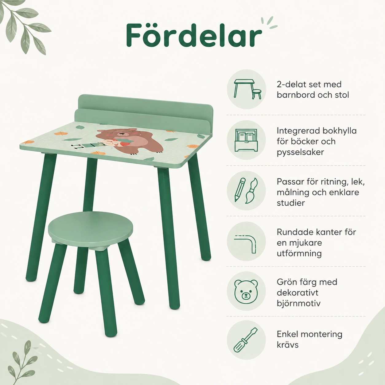 Barnbord med stol och bokhylla i grönt