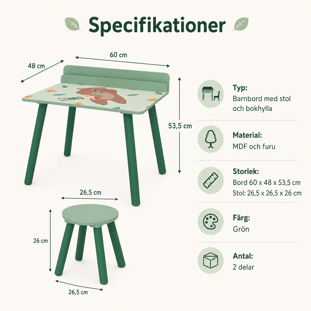 Barnbord med stol och bokhylla i grönt