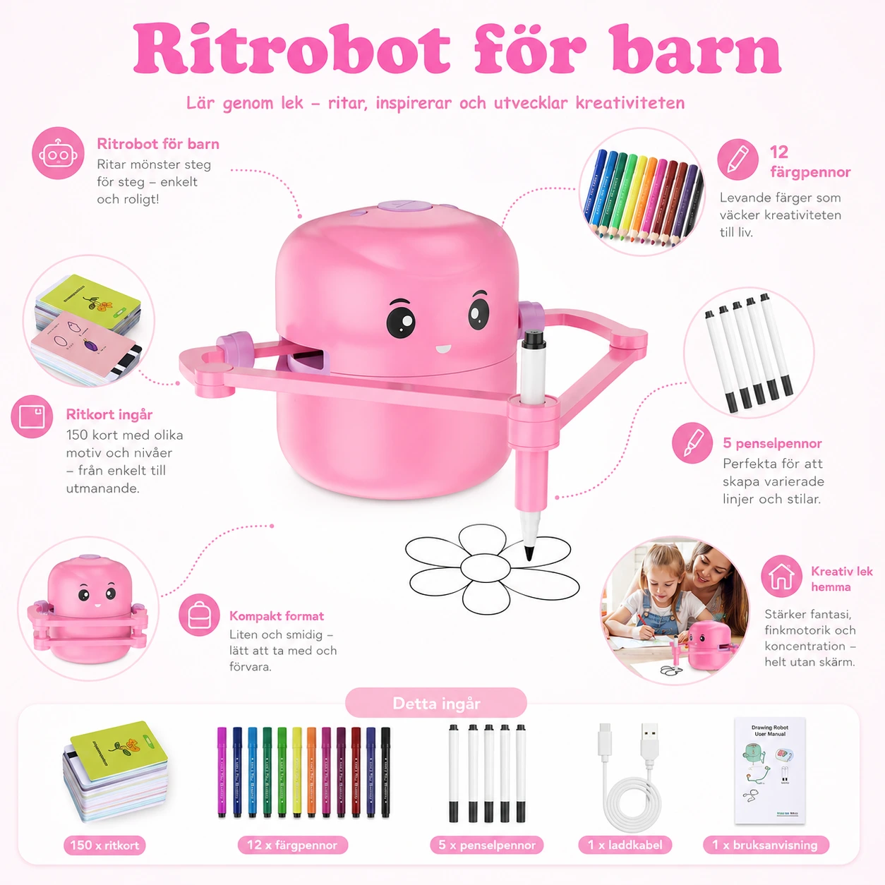 Ritrobot för barn med ritkort och färgpennor