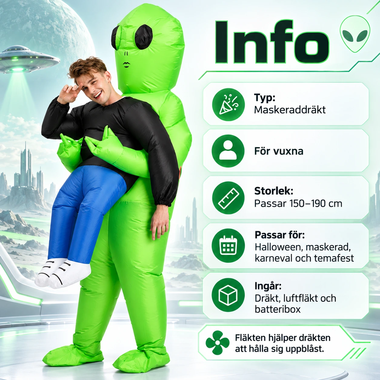 Maskeraddräkt vuxen bärande alien uppblåsbar grön