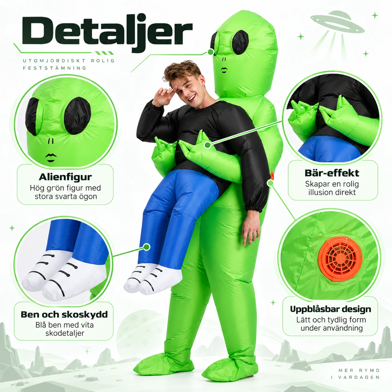 Maskeraddräkt vuxen bärande alien uppblåsbar grön