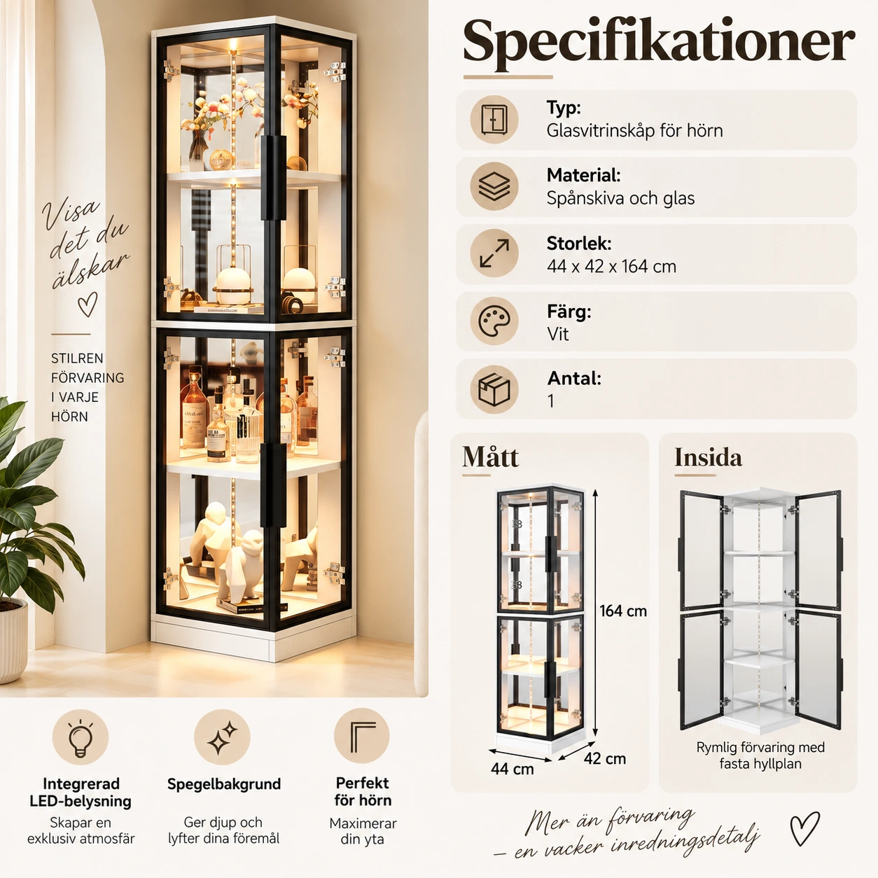 Kulmavitriini LED-valaistuksella ja peilitaustalla
