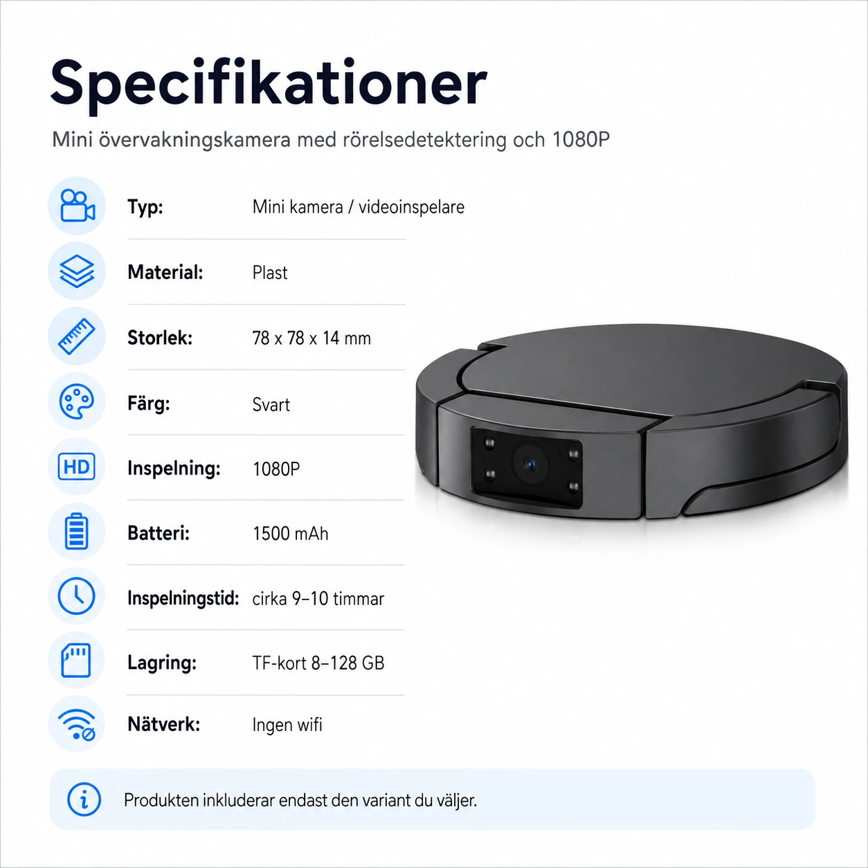 Mini övervakningskamera med rörelsedetektering och 1080P
