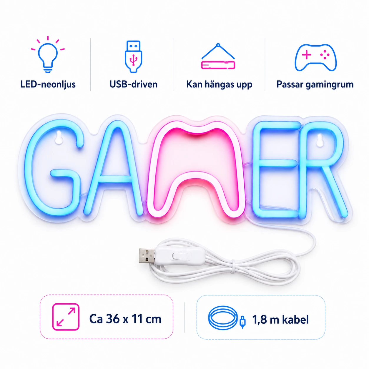 Gamer Neon Skylt – LED Neonlampa med USB
