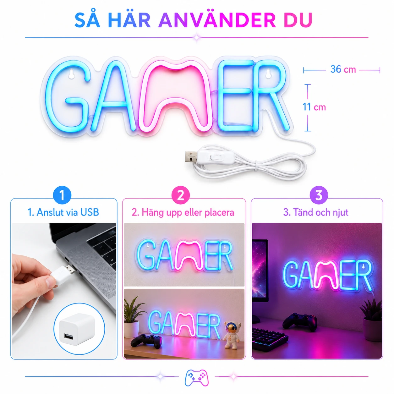 Gamer Neon Skylt – LED Neonlampa med USB