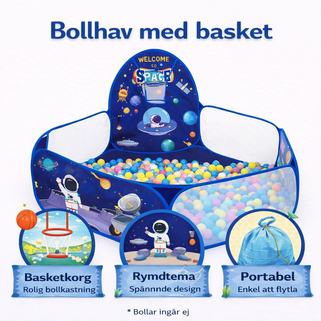 Bollhav med basket – blå lekpool i rymd-design