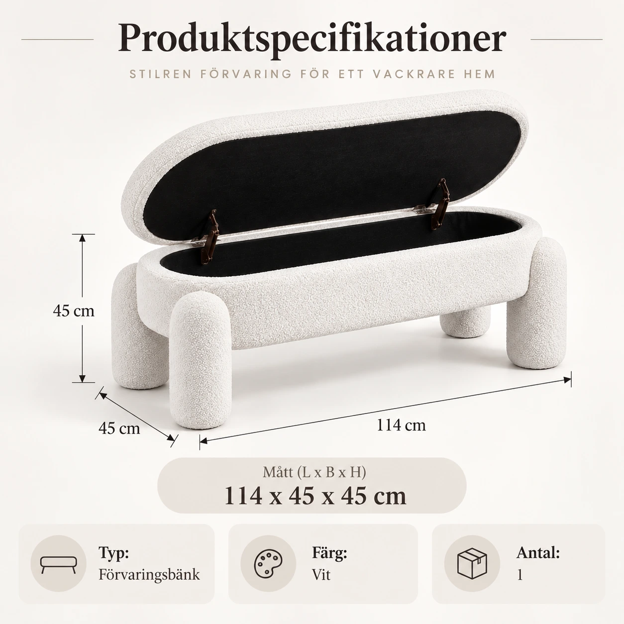 Förvaringsbänk 114 cm med säkerhetsgångjärn, vit