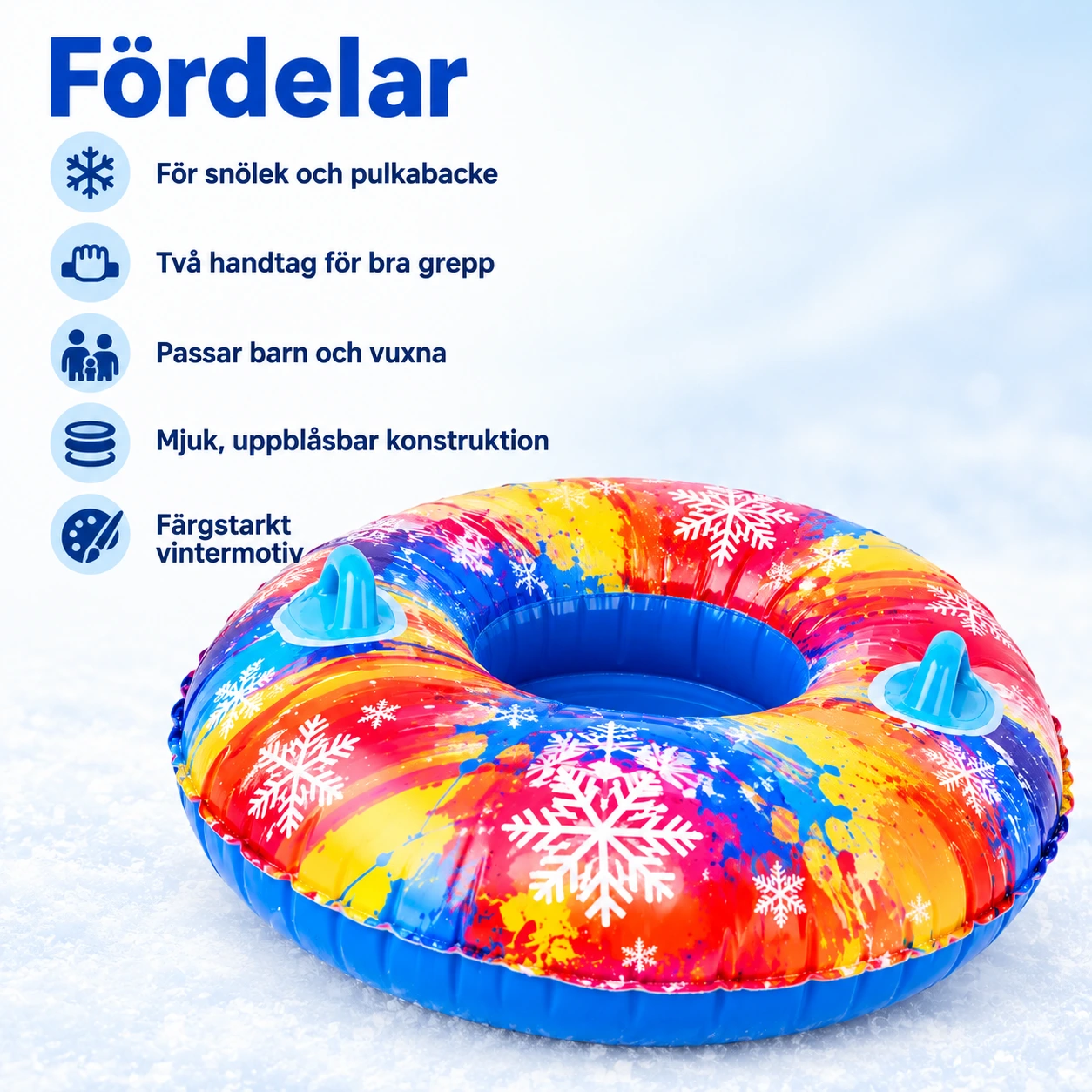 Uppblåsbar snow tube för snölek med handtag, 85 cm