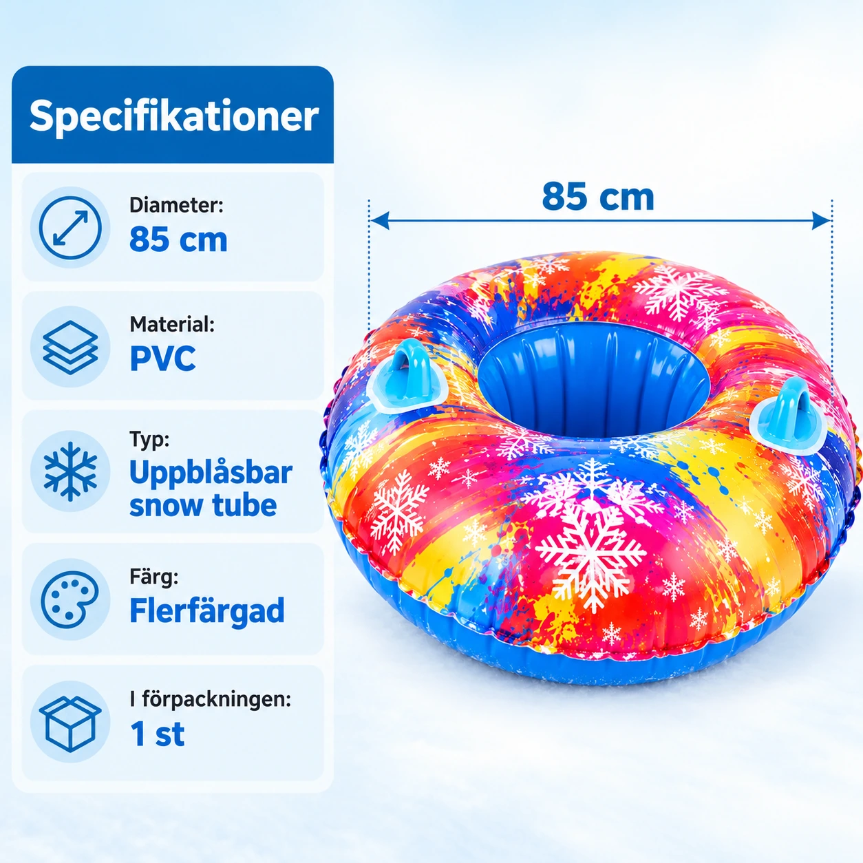 Uppblåsbar snow tube för snölek med handtag, 85 cm